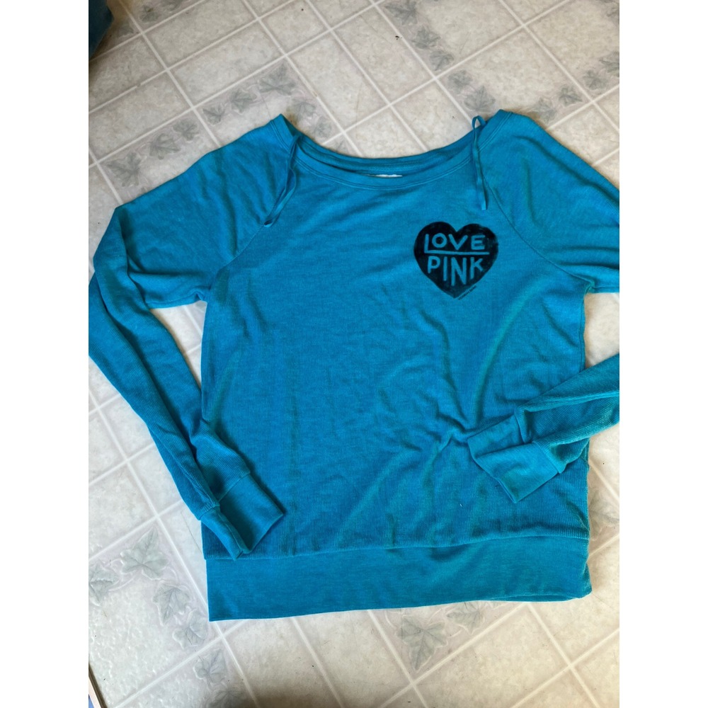 Victoria's Secret PINK Teal logo "Love Pink" Sweater SIZE Medium wide neck